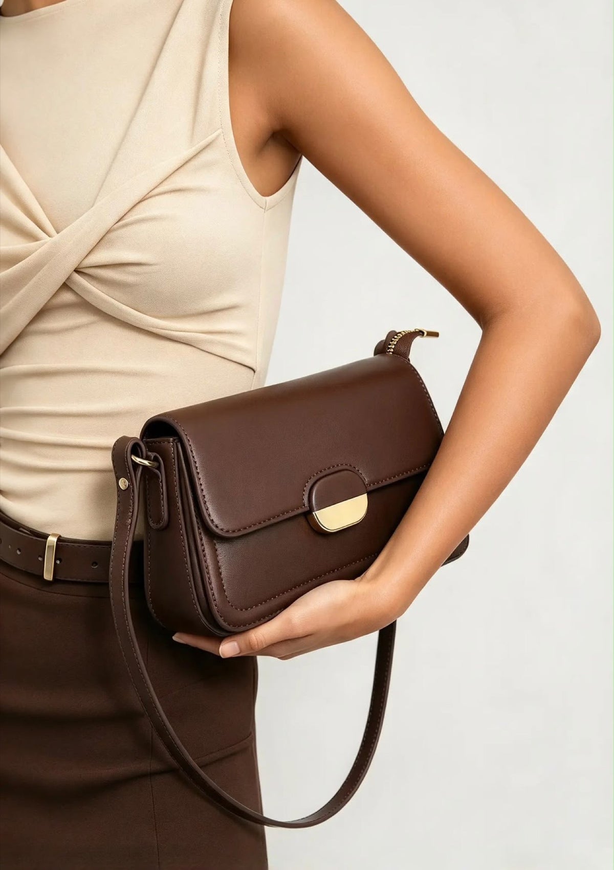 Paired Elise Lock Bag in coffee brown, worn cross-body with a long strap and gold-tone half-moon lock plate, with a cream top