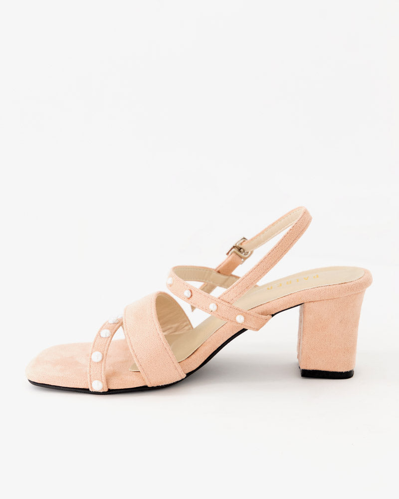 Pearl embellished block heel
