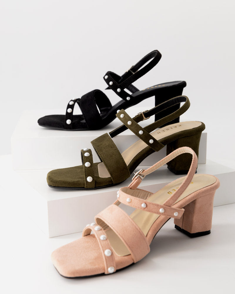 Pearl embellished block heel