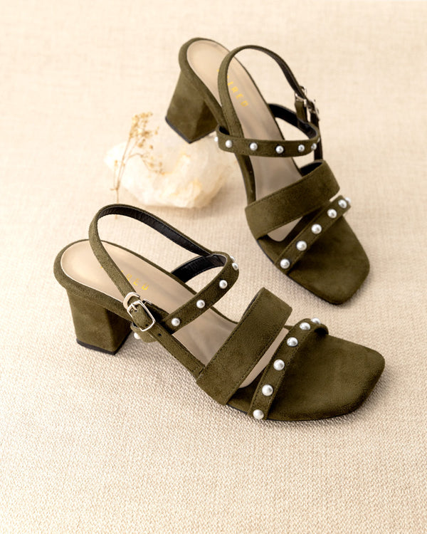 Pearl embellished block heel
