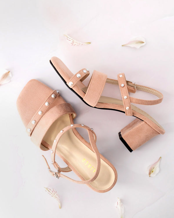 Pearl embellished block heel
