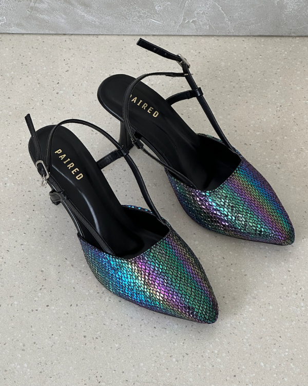 Shimmery covered shoe