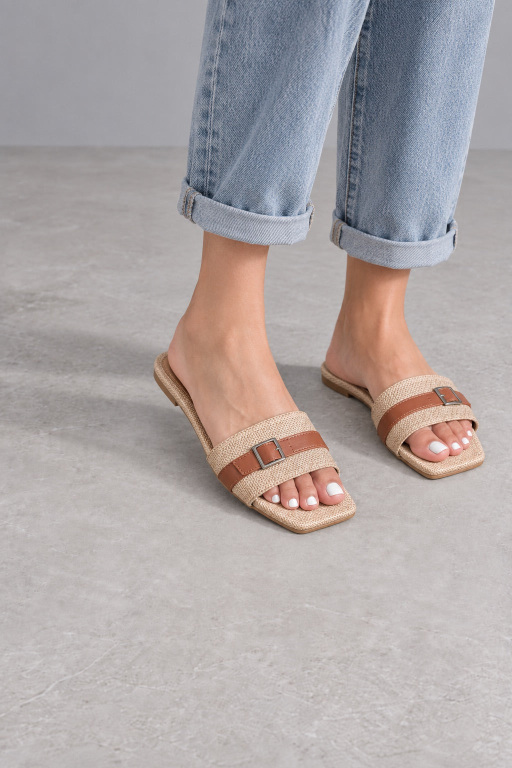 Beige woven buckle flat slides with rolled denim
